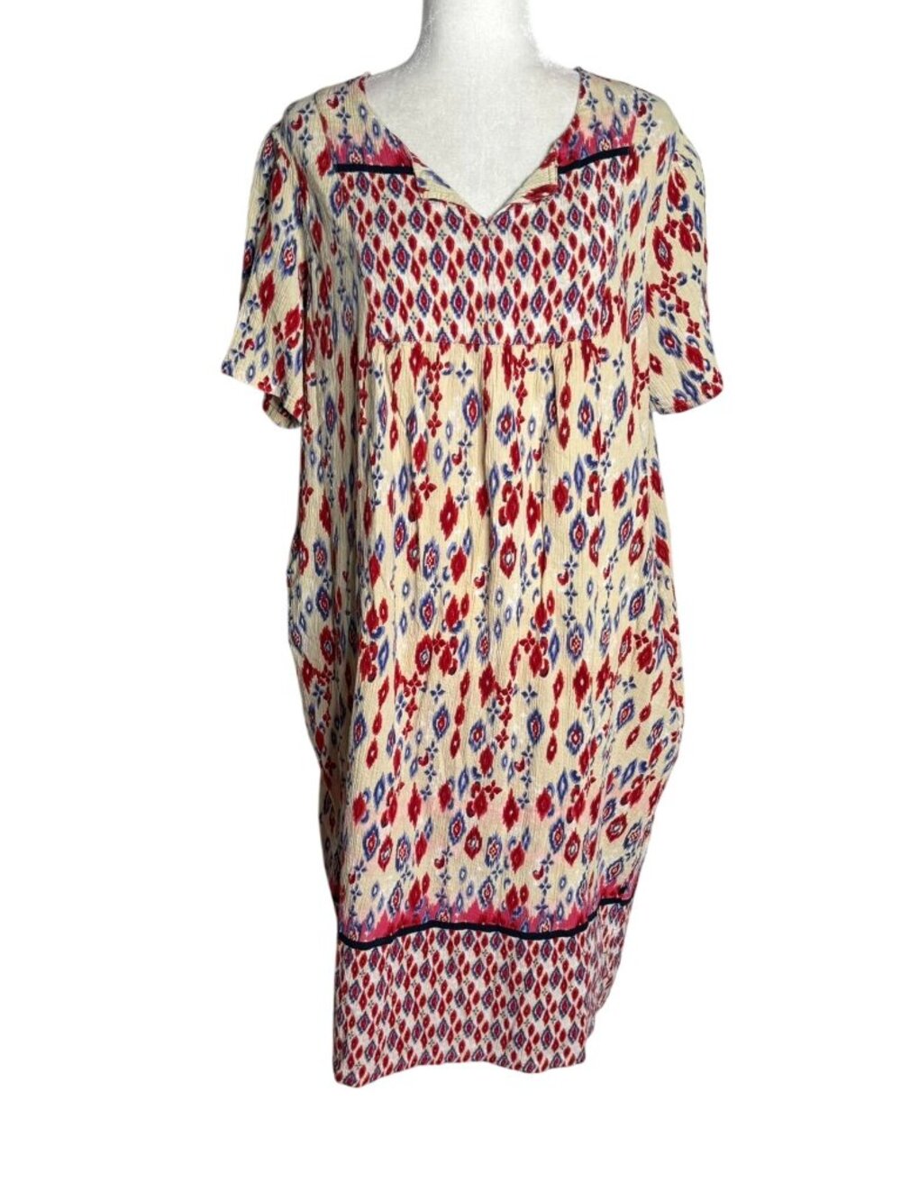 National Floral MuuMuu House Dress 2X Cream Red Short Sleeve Pockets V Neck